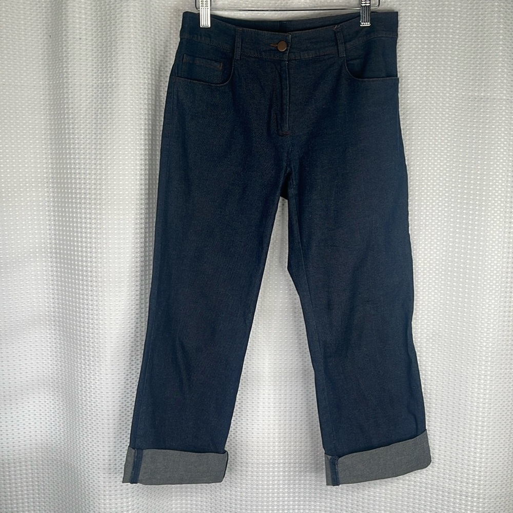 Eileen Fisher System Jeans Cuffed Cropped Straight Dark Wash Sz XS